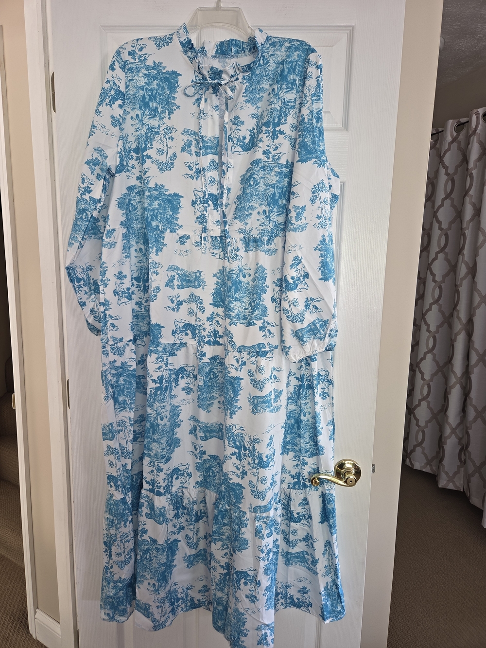Blue Toile Maxi Dress with Tie Neck XL 12